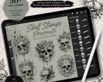 Skull and flower rose stamp, Skull Tattoo Design, Skull and flower Procreate Stamps,procreate tattoo mandala,procreate tattoo needle brushes