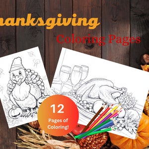 12 Thanksgiving Coloring Page Book, Kids Adults Coloring, Instant Download, PNG, Printable, Thanksgiving, Fall, Relaxing, Fun, Enjoyable