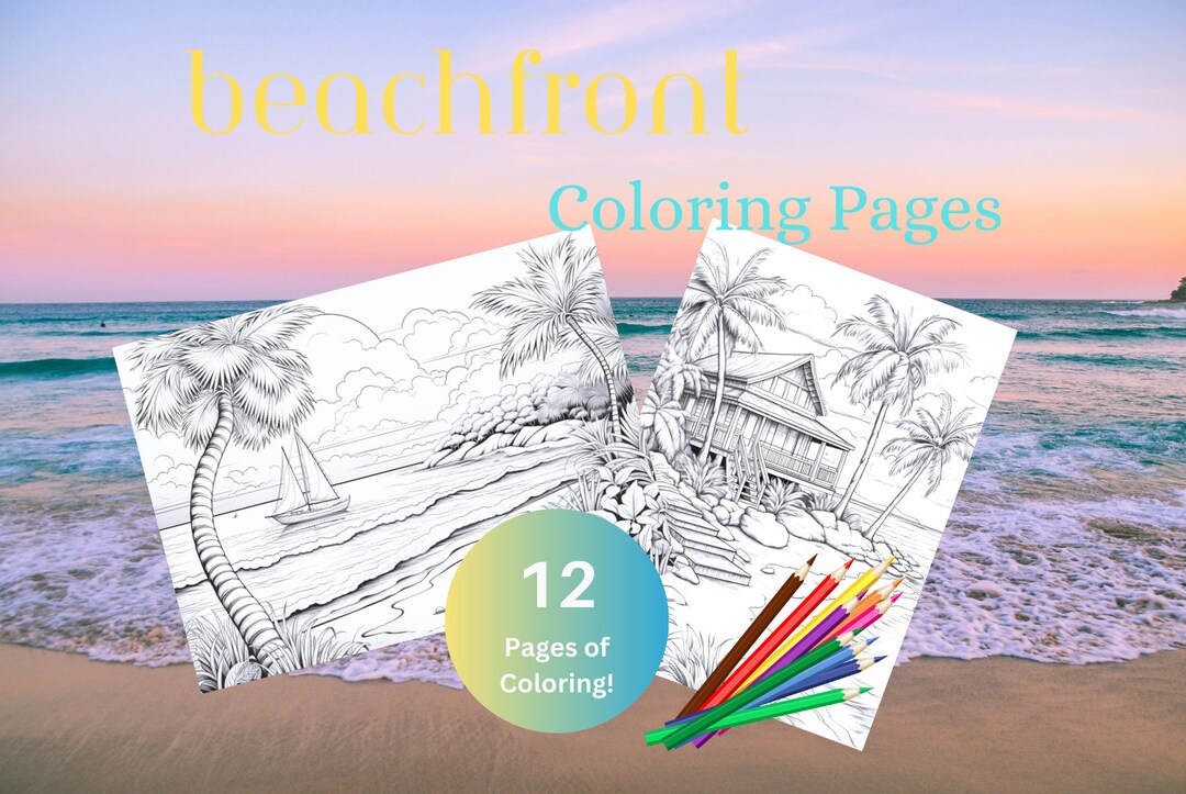 12 Beach Coloring Page Book, Kids Adults Coloring, Instant Download, PNG, Printable, Beach ...