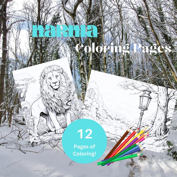 12 Narnia Coloring Page Book, Kids Adults Coloring, Instant Download, PNG, Printable, Lion, Aslan, Wardrobe, Decor, Relaxing, Fun, Enjoyable