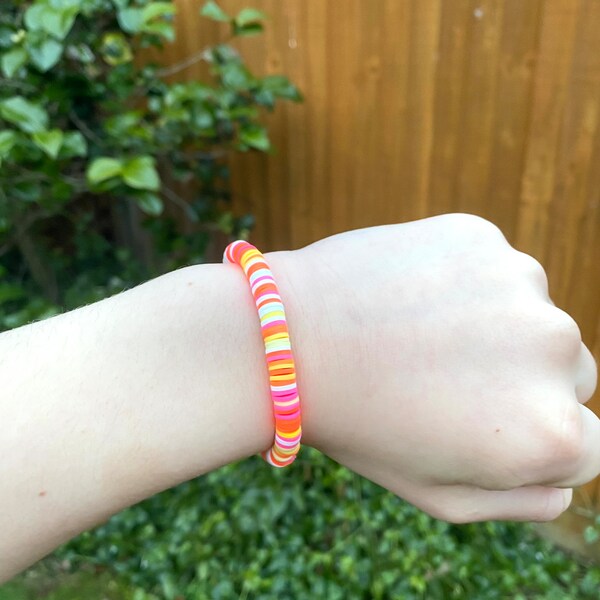 Clay Bead Bracelet in Orange, Yellow, Pink & White