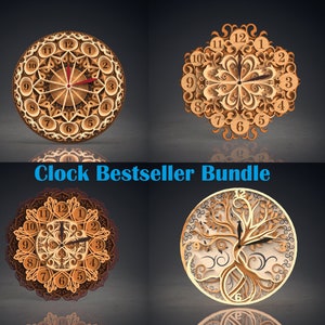 May include: A set of four decorative clock faces with intricate designs. The clocks feature a variety of patterns, including floral, geometric, and tree-like designs. The clocks are made of wood and have a natural finish.