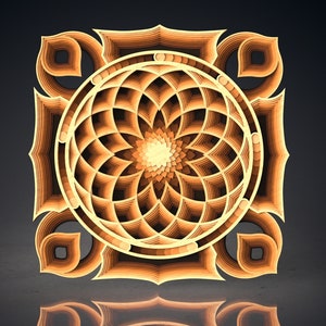Può includere: Un design di mandala intricato color oro con un motivo circolare di petali sovrapposti. Il mandala è posto su uno sfondo scuro e sembra essere fatto di carta.
