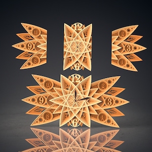 May include: A decorative wall clock with a mandala design in shades of orange and brown. The clock face is surrounded by intricate patterns and the numbers 1 through 12 are visible.