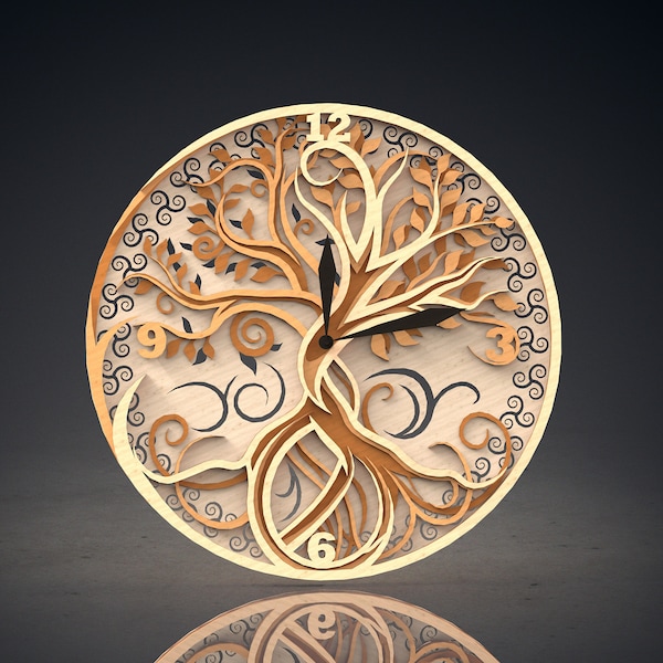 Multilayer Uhr, Baum des Lebens für Laser cut, SVG, ai, dxf, png, jpg, pdf