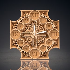 May include: A wooden clock with Roman numeral markings and intricate laser-cut details. The clock face is a layered design with a cross in the center. The clock hands are white.