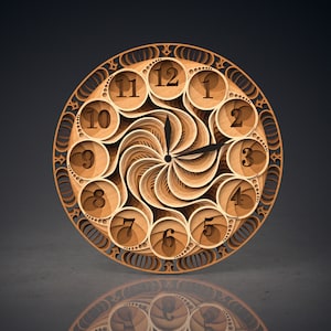 May include: A wooden clock with a unique design featuring a spiral pattern and Roman numeral hour markers. The clock face is brown with black hands.