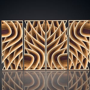 May include: Four wooden panels featuring a geometric design of overlapping curves and lines. The panels are arranged in a row and are crafted from light brown wood with a darker brown accent.