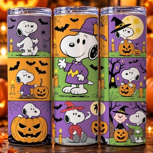 Snoopy Halloween 20 oz Skinny Tumbler | Peanuts Pumpkin and Witch Cup | Fall Gift