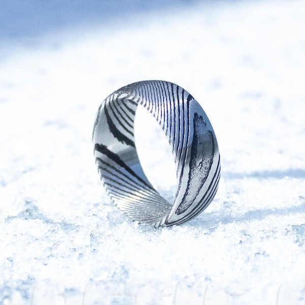 Damascus Steel Pattern Brushed Steel Traditional Ring Band - 8mm - Men/Unisex