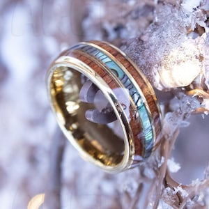 Gold Abalone Shell Koa Wood Tungsten Ring - 8mm - Unisex/Women/Men