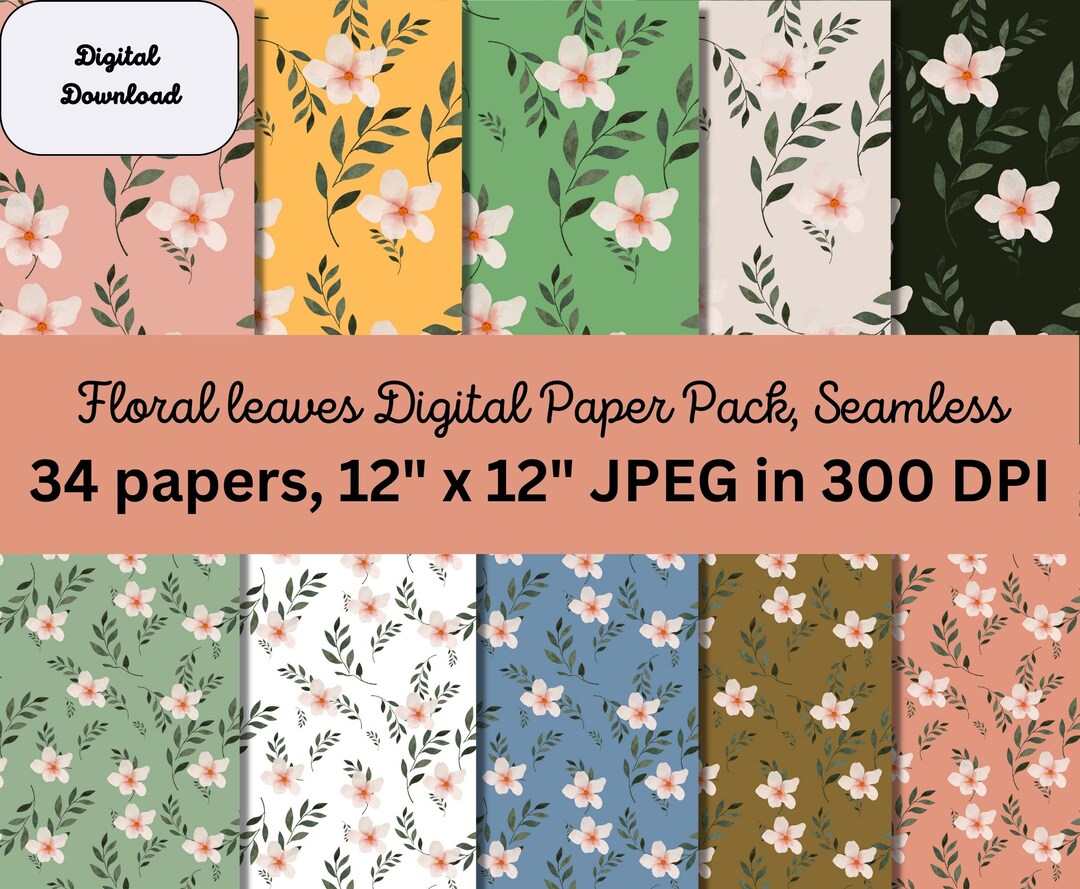 Floral Leaves Digital Paper Pack: Seamless Scrapbook Pages (digital ...