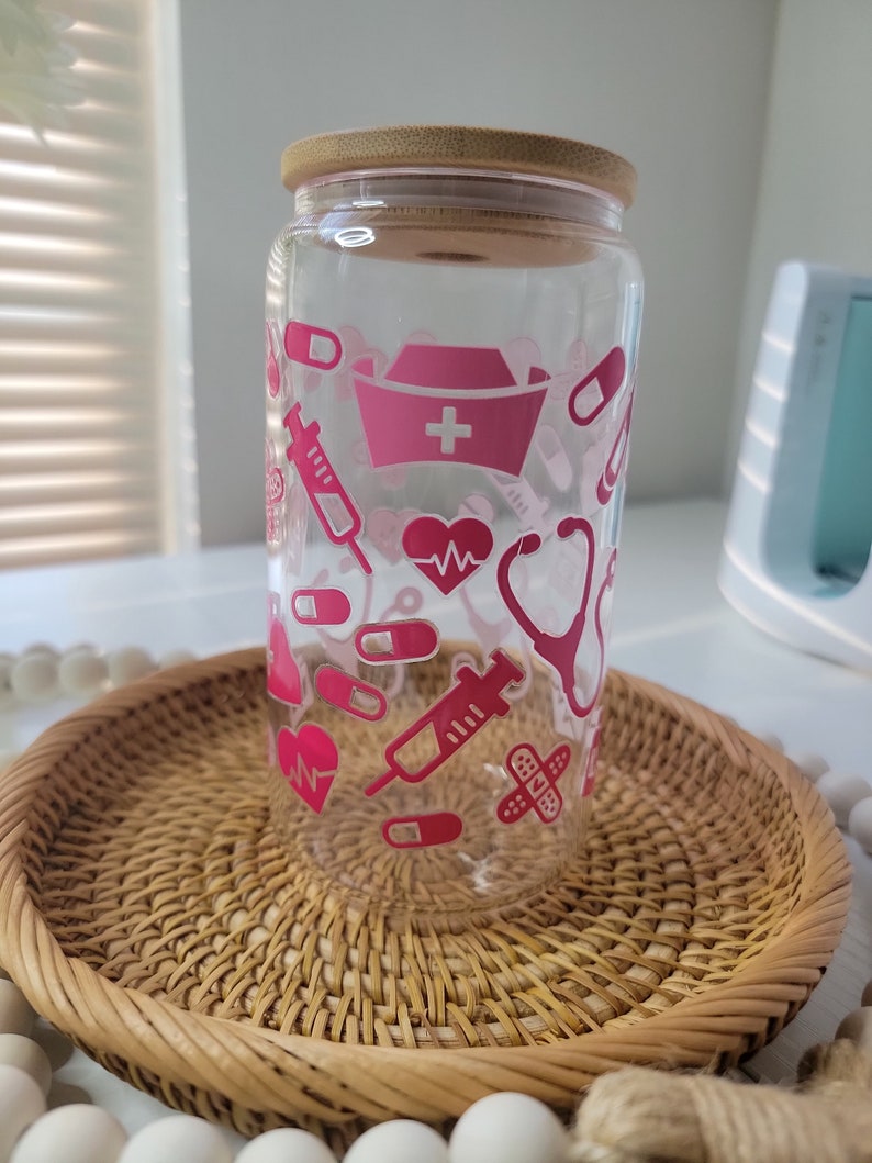 Nurse Cup, Nurse Glass Cup, Nurse 16oz Glass Cup With Lid and Straw, Nurse Coffee Cup, Pink
