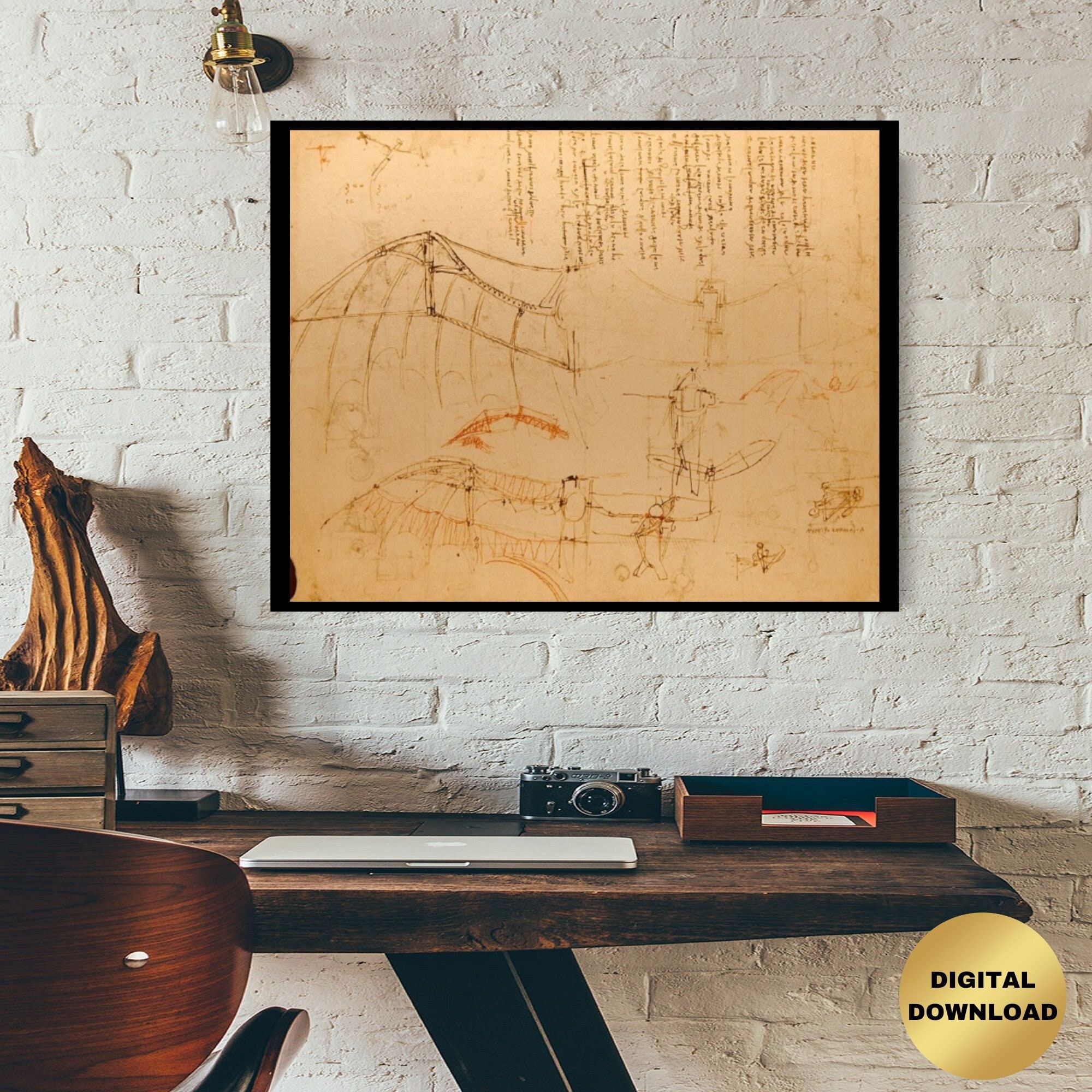 Leonardo Da Vinci "Design For A Flying Machine" Extremely Rare Print, Drawing Circa 1488; Printable Art, Digital Art; Da Vinci; Technology