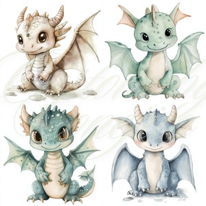 Könnte beinhalten: Vier Aquarell-Illustrationen von niedlichen Cartoon-Drachen. Die Drachen sind in verschiedenen Posen, mit ausgebreiteten Flügeln und aufrecht sitzend. Die Drachen sind in Blautönen, Grüntönen und Weiß.