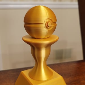 May include: A gold-colored trophy with a round, sphere-shaped top and a base with a square platform. The sphere has a design of a circle with a smaller circle inside.