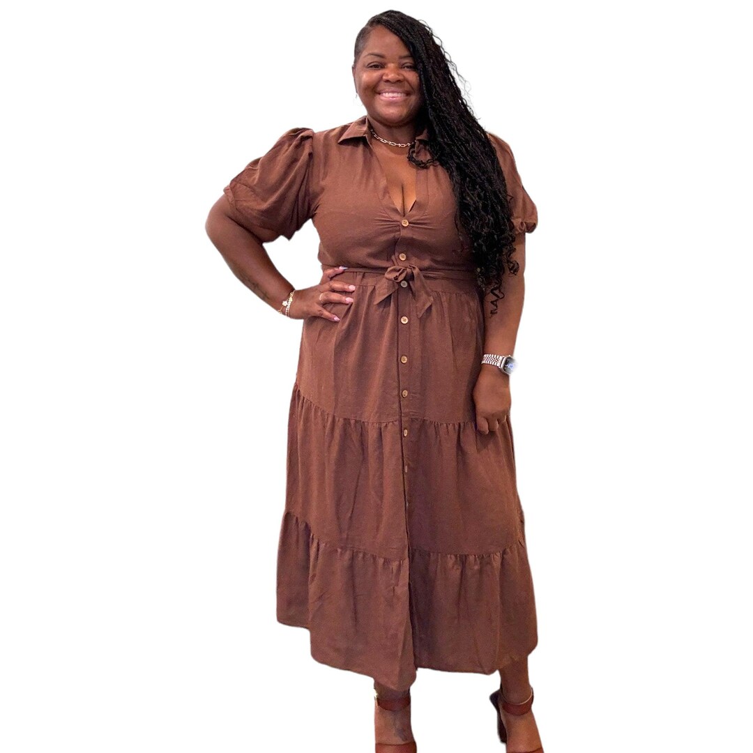 amazon plus size brown dresses Linen Button Down Maxi Dress Size:S-M-L Vogue Wedding Dresses Long/Maxi Sizes midi v neck black