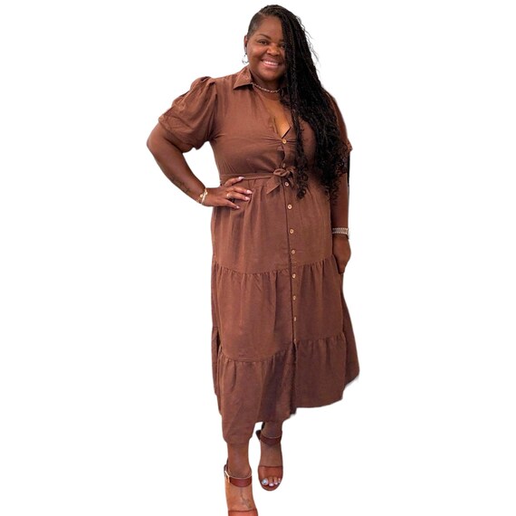 Linen Plus Size Brown Button Down Maxi Dress Linen Plus Size Brown Button Down Maxi Dress