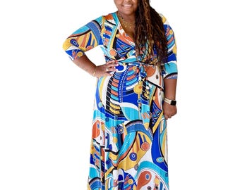 Plus Size Vibrant Geometric Faux Wrap Maxi Dress