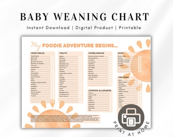 Baby Weaning Chart - Sunshine design | printable product | baby lead weaning | baby food tracker | baby's first foods | digital product