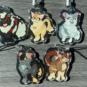 Może przedstawiać: Pięć przezroczystych akrylowych zawieszek z kotami, z brokatowymi akcentami i czarnymi sznurkami. Każda zawieszka przedstawia inny wzór kota z kreskówek w różnych kolorach, w tym pomarańczowym, szarym i brązowym. Zawieszki są przymocowane do srebrnych metalowych pętli.