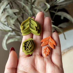 May include: A set of four leaf-shaped cookie cutters. Two are green and two are orange. The green cutters are layered to create a 3D effect. The orange cutters have a gold glitter finish.
