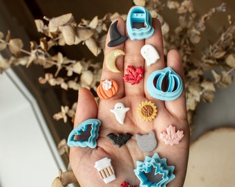 Fall Stud Collection | polymer clay studs, sunflower, ghost, bat, witch hat, pumpkin, moon, coffee cup, maple leaf, cat, autumn fall
