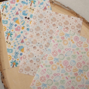 May include: Three sheets of patterned paper with summer-themed designs. One sheet features ice cream cones, palm trees, and beach scenes. Another has flip-flops and starfish. The third has sunglasses and watermelon slices.