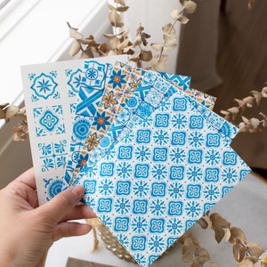 Santorini Grecia Talavera Tile Carta per trasferimento di argilla polimerica / carta per trasferimento con lavaggio ad acqua, carta per trasferimento floreale con argilla polimerica a motivi geometrici