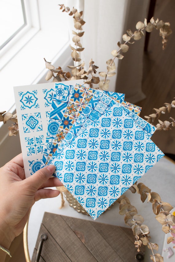 Santorini Greece Talavera Tile Polymer Clay Transfer Paper | transfer water wash off paper, patterned polymer clay floral transfer paper