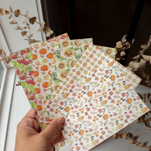 May include: A set of five decorative papers with autumnal themes. The papers feature different patterns, including pumpkins, sunflowers, apples, and pears. The papers are printed on a white background with a subtle texture.