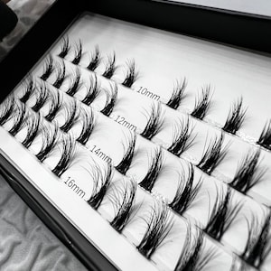 Könnte beinhalten: Eine schwarze Box mit mehreren Sets einzelner falscher Wimpern. Die Wimpern sind in Reihen angeordnet, mit Längen von 10 mm, 12 mm, 14 mm und 16 mm. Die Wimpern sind dunkel und scheinen aus Kunstfasern zu bestehen.