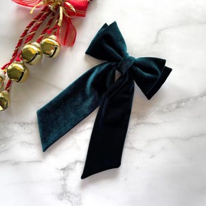Velvet Hairbow with Long Tail “KELLY” | Slim Green Hair Clip | Luxurious Hair Accessories | St Patricks Day | Christmas | Gifts For Her