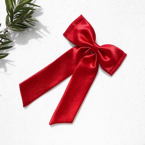 Satin Hairbow with Tail “CAROLINA” | Slim Red Hair Clip | Luxurious Hair Accessories | Valentines Day | Chinese Lunar New Year | Wedding