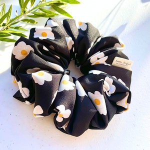 XL Daisy Scrunchie &quot;ASTER BLACK&quot; | Satin Hair Tie | Handmade Accessories | Floral Ponytail Holder | Jumbo Extra Large Oversized
