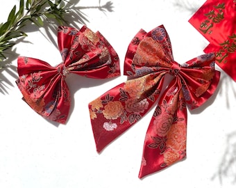 XL Chinese Lunar New Year Double Layer Hairbow with Tail | Triple Layer Hair Clip | Red Cheongsam Hair Accessories | Qipao Hair Ribbon