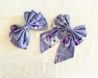 Oversized Double Layer Floral Hair Bow with Tail “REGINA” | Triple Layer Bow | Jumbo Oversized Hair Clip | Purple Hair Ribbon | Linen Blend