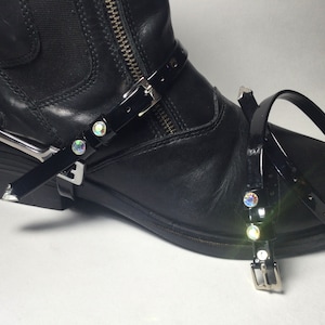 Black Patent Leather Spur Straps with Crystals