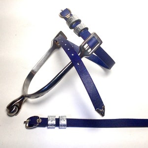 Deep Blue Leather Spur Straps with Silver Leather Keepers