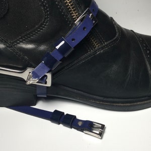Indigo Blue Leather Spur Straps with Patent Leather Keepers
