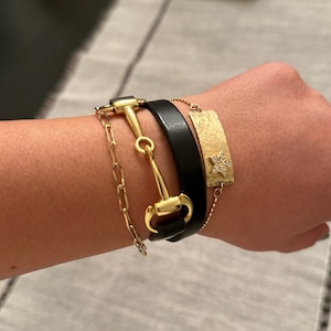Black Leather Wrap Bracelet with Brass Snaffle Closure