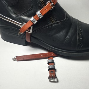 Saddle Brown Leather Handmade Spur Straps with Silver Leather Keepers