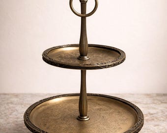 Soporte de servicio de 2 niveles color oro antiguo, bandeja de postres vintage