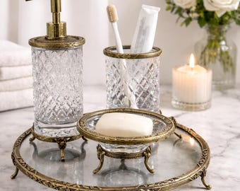 Crystal Bathroom Accessories Set, Vintage Style Soap Dispenser, Toothbrush Holder, Vanity Tray, Bathroom Decor