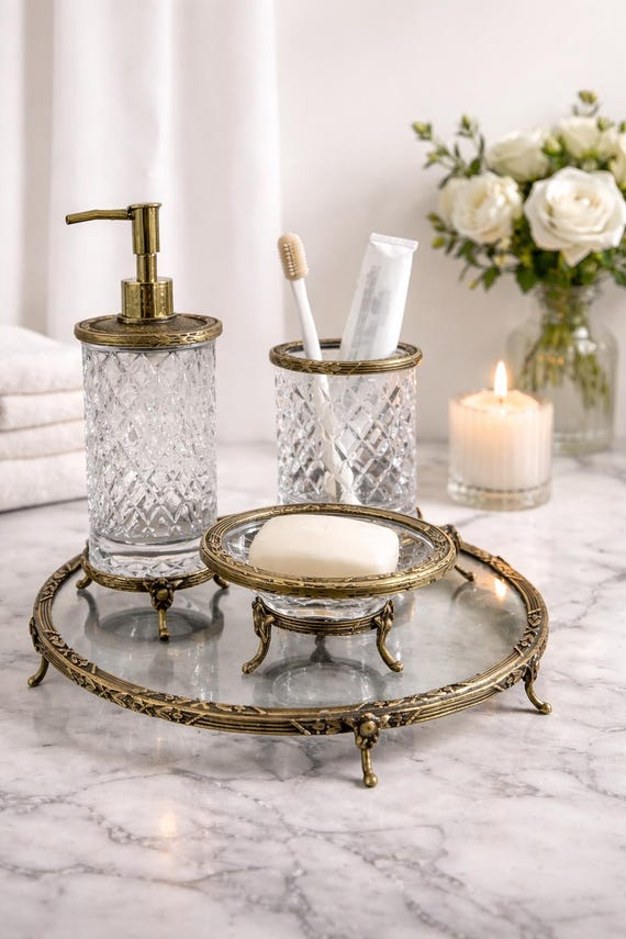 Kristall Badezimmer Zubehör Set, Vintage Style Seifenspender, Zahnbürstenhalter, Waschtisch Tablett, Badezimmer Dekor