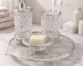 Crystal Bathroom Accessories Set - Silver Finish - Soap Dispenser, Toothbrush Holder, Soap Dish & Tray