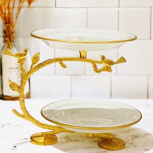 Luxury Porcelain & Metal Service Plate  2 Tier Cake and Food Tray in Gold and Silver, 20 cm (8 inc)