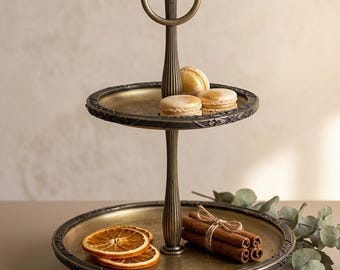 Antique Gold 2 Tier Serving Stand, Vintage Dessert Tray