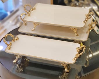 Goudzilver rechthoekig dienblad | Vintage decoratieve schaal voor taarten, hapjes en woondecoratie