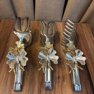 Gold Tone Floral Kitchen Utensil Set - Decorative Serving Tools - Salad Server Fork Spoon Set - Elegant Cooking Gift
